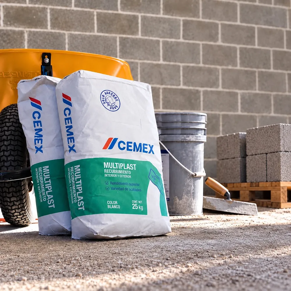 Sacos de recubrimiento CEMEX Multiplast junto a una carretilla