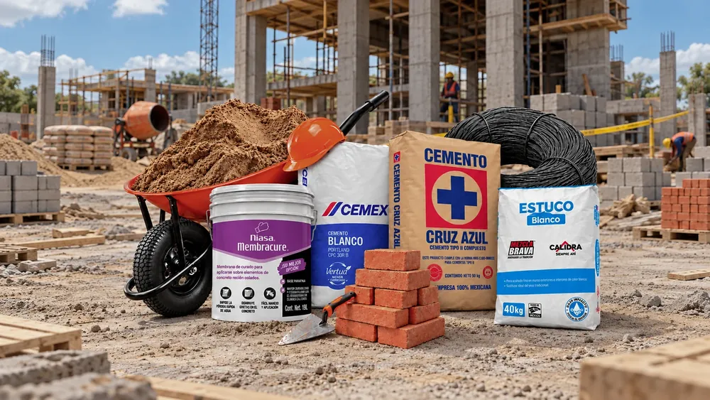 Materiales de construcción: cemento Cruz Azul, cemento blanco CEMEX, estuco, membrana Niasa, alambre, ladrillo y carretilla con arena